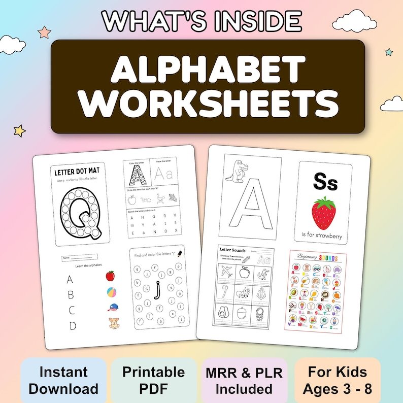 Kids printable bundle with coloring pages, worksheets and learning activities