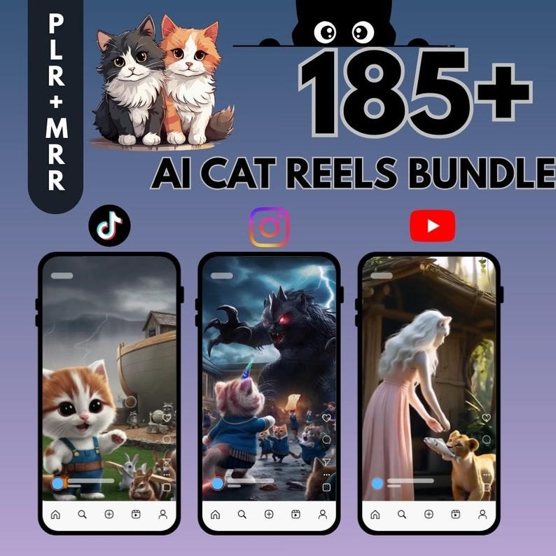 185+ AI Cat Reels Bundle, Viral Social Media Content (Digital Download, MRR, PLR) - Funny Cat Reels